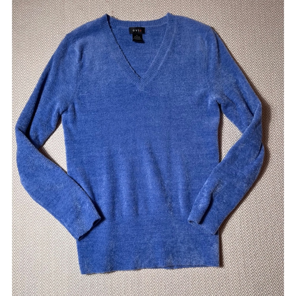 Evie Blue Chenille V-Neck Sweater Women's Size L Soft Cozy Stretch Pullover Top
